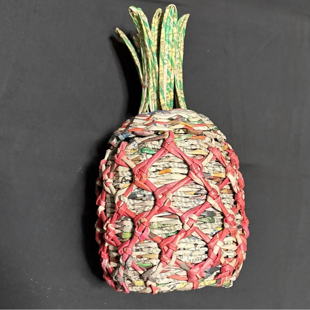 Colorful Handmade Newspaper Woven Pineapple‎ Decor w/Storage Gently Used Boho